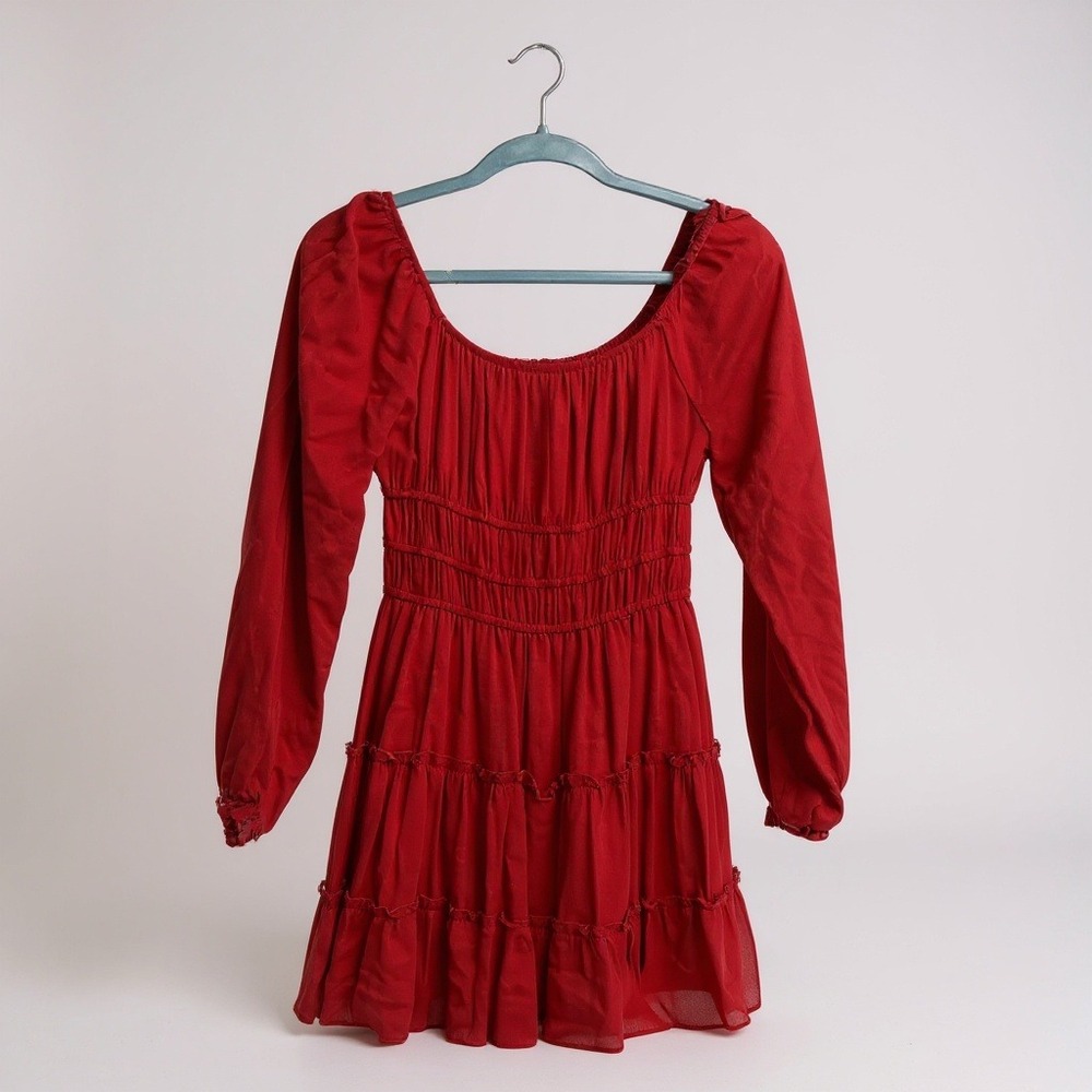 Altar'd State Mini Dress Cottagecore Red Smocked‎ Tiered Long Sleeve Medium NWT